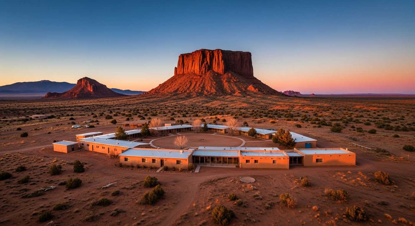 Tribal government building and enterprise center at dusk representing liability coverage